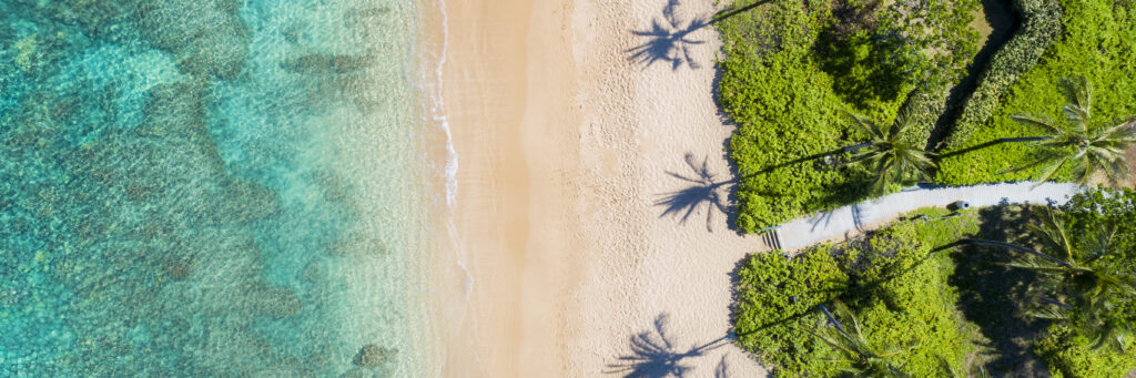 Peaceful Hawaiian beach with gentle waves, soft sand, and a calm tropical shoreline.