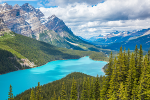 Turquoise Peyto Lake surrounded by evergreen forest and Rocky Mountains under dramatic clouds in Banff National Park Canada