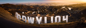 Panoramic view from behind the Hollywood Sign overlooking Los Angeles at sunset