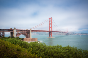 Horizontal photograph of the Golden Gate Bridge in San Francisco with fog over the bay and coastal greenery in foreground