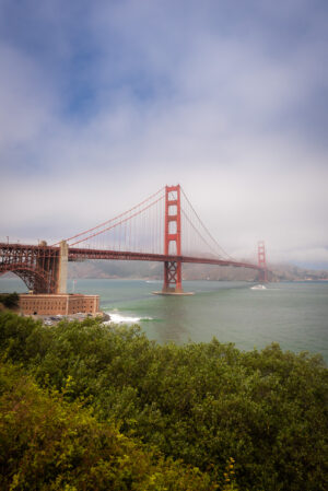 Vertical wide view of the Golden Gate Bridge in San Francisco with fog, bay water, and coastal greenery in the foreground
