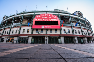 Horizontal photograph of Wrigley Field entrance in Chicago with iconic Chicago Cubs marquee sign