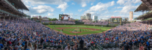 Panoramic photograph of Wrigley Field during a Chicago Cubs daytime baseball game