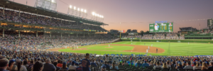 Panoramic photograph of Wrigley Field at night during a Chicago Cubs baseball game