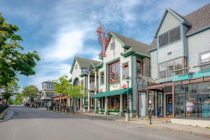 Historic storefronts along Main Street in Bar Harbor Maine