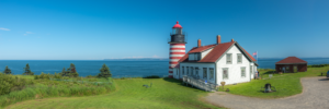 Panoramic view of West Quoddy Head Lighthouse on the Maine coast