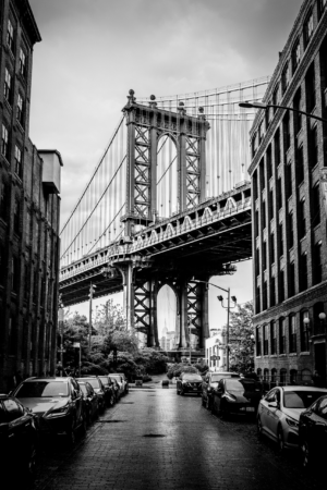 Manhattan Bridge viewed from DUMBO street in black and white in New York City