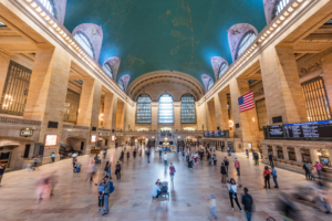 Grand Central Terminal main concourse interior with travelers in New York City