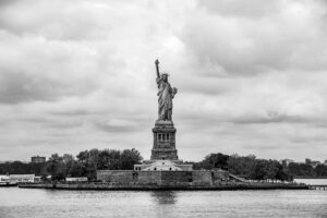 Black and white Statue of Liberty on Liberty Island in New York Harbor
