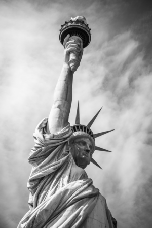 Black and white close view of Statue of Liberty in New York City