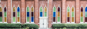 Ryman Auditorium stained glass windows panorama in Nashville Tennessee historic architecture