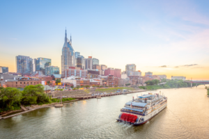 Nashville Tennessee skyline at sunset with General Jackson Showboat on the Cumberland River