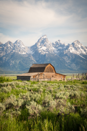 Historic barn at Mormon Row with Grand Teton mountains in Wyoming