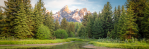 Panoramic view of Grand Teton mountains above river and forest at Schwabacher Landing Wyoming