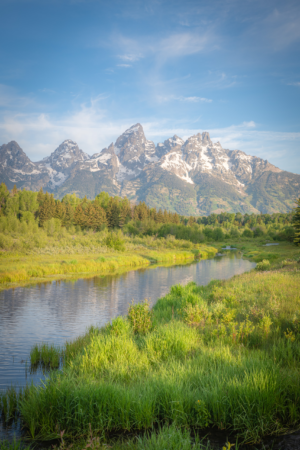 Grand Teton mountains above river and meadow at Schwabacher Landing in Wyoming