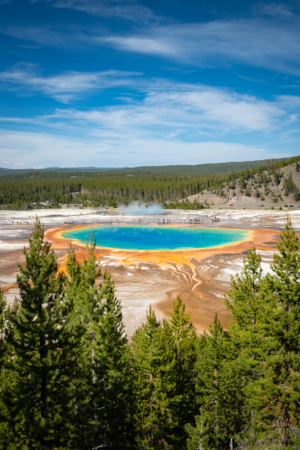 Grand Prismatic Spring in Yellowstone National Park with vivid blue and orange geothermal colors