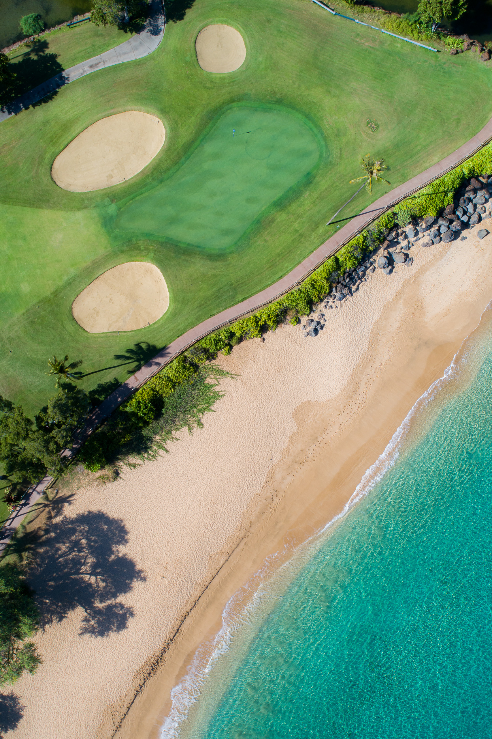 Aerial view of Maui Hawaii golf course beside sandy beach and turquoise ocean water vertical