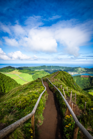 Scenic trail overlooking volcanic lakes at Boca do Inferno in the Azores Portugal
