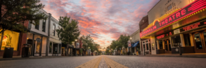 Historic downtown Franklin Tennessee Main Street at sunrise with Franklin Theatre marquee and colorful sky panorama
