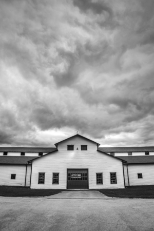 Black and white photograph of the historic barn at Harlinsdale Farm in Franklin, Tennessee