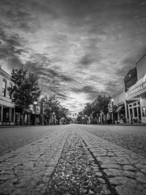 Black and white photograph of historic Main Street in downtown Franklin, Tennessee, viewed from street level