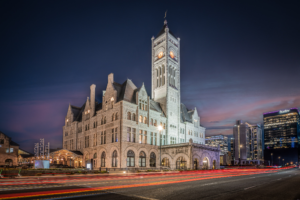 Nashville Union Station Hotel at twilight with long exposure light trails in downtown Nashville Tennessee
