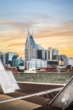 Vertical Nashville Tennessee skyline at sunset viewed from the John Seigenthaler Pedestrian Bridge